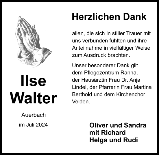 Traueranzeige von Ilse Walter von Nordbayerische Nachrichten Pegnitz Lokal