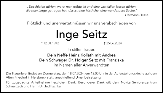 Traueranzeige von Inge Seitz von Gesamtausgabe Nürnberger Nachrichten/ Nürnberger Ztg.