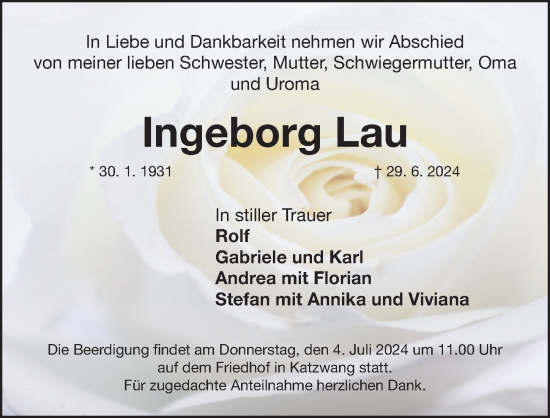 Traueranzeige von Ingeborg Lau von Gesamtausgabe Nürnberger Nachrichten/ Nürnberger Ztg.