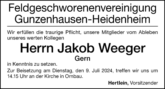 Traueranzeige von Jakob Weeger von Altmühl-Bote Lokal