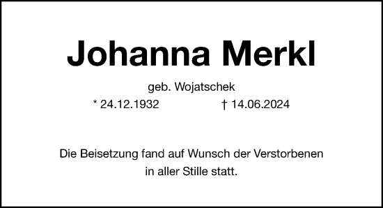 Traueranzeige von Johanna Merkl von Gesamtausgabe Nürnberger Nachrichten/ Nürnberger Ztg.