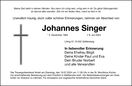 Traueranzeige von Johannes Singer von Nordbayerische Nachrichten Forchheim Lokal