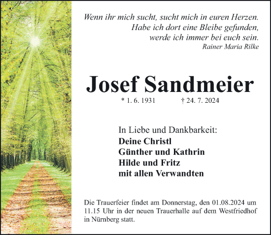 Traueranzeige von Josef Sandmeier von Gesamtausgabe Nürnberger Nachrichten/ Nürnberger Ztg.