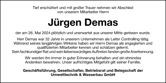 Traueranzeige von Jürgen Demas von Gesamtausgabe Nürnberger Nachrichten/ Nürnberger Ztg.