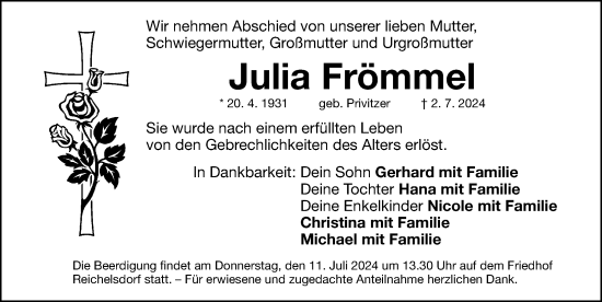 Traueranzeige von Julia Frömmel von Gesamtausgabe Nürnberger Nachrichten/ Nürnberger Ztg.