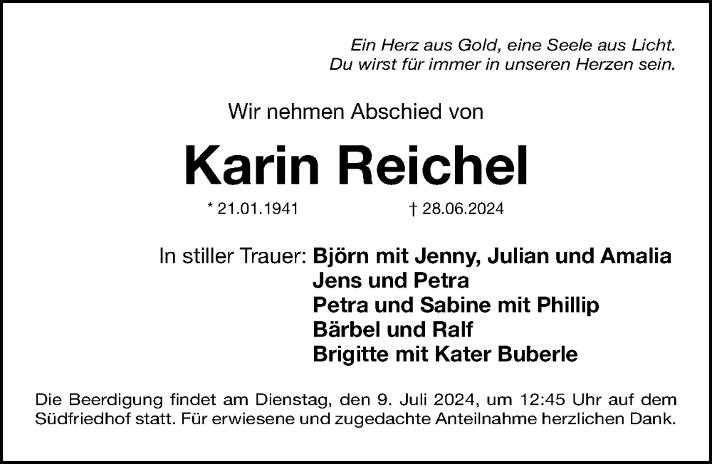  Traueranzeige für Karin Reichel vom 06.07.2024 aus Gesamtausgabe Nürnberger Nachrichten/ Nürnberger Ztg.