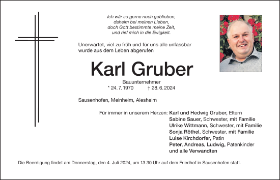 Traueranzeige von Karl Gruber von Altmühl-Bote Lokal