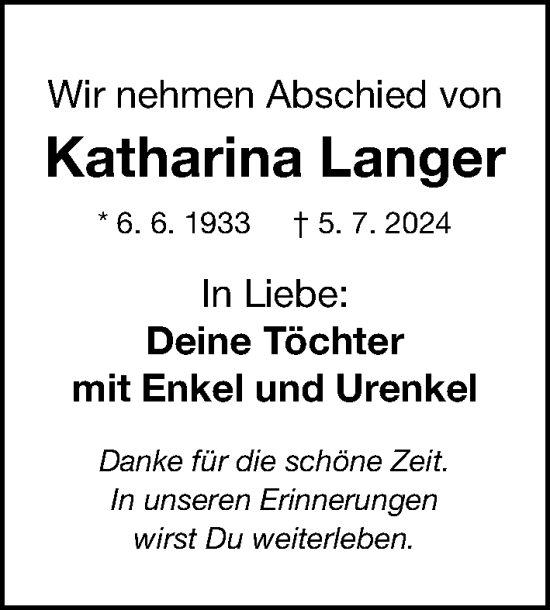 Traueranzeige von Katharina Langer von Gesamtausgabe Nürnberger Nachrichten/ Nürnberger Ztg.