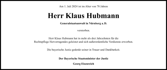 Traueranzeige von Klaus Hubmann von Gesamtausgabe Nürnberger Nachrichten/ Nürnberger Ztg.