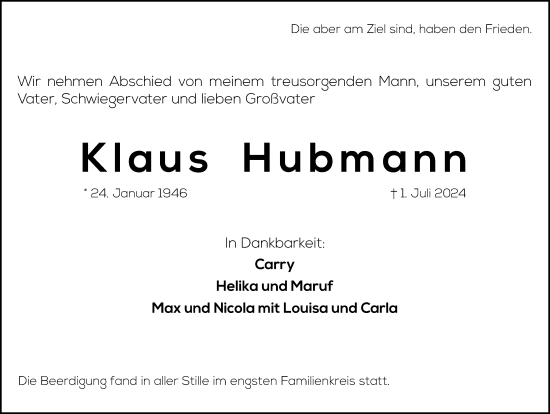 Traueranzeige von Klaus Hubmann von Gesamtausgabe Nürnberger Nachrichten/ Nürnberger Ztg.