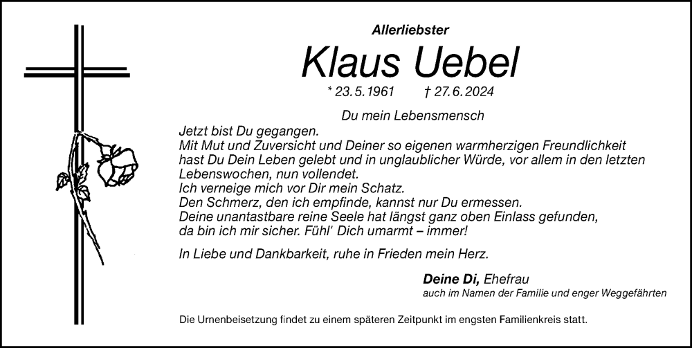  Traueranzeige für Klaus Uebel vom 06.07.2024 aus Roth-Hilpoltsteiner Volkszeitung Lokal