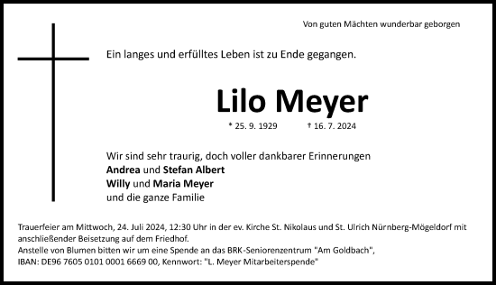 Traueranzeige von Lilo Meyer von Gesamtausgabe Nürnberger Nachrichten/ Nürnberger Ztg.