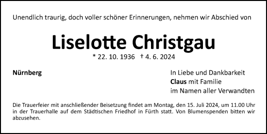 Traueranzeige von Liselotte Christgau von Gesamtausgabe Nürnberger Nachrichten/ Nürnberger Ztg.