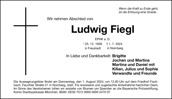Traueranzeige von Ludwig Fiegl von Gesamtausgabe Nürnberger Nachrichten/ Nürnberger Ztg.