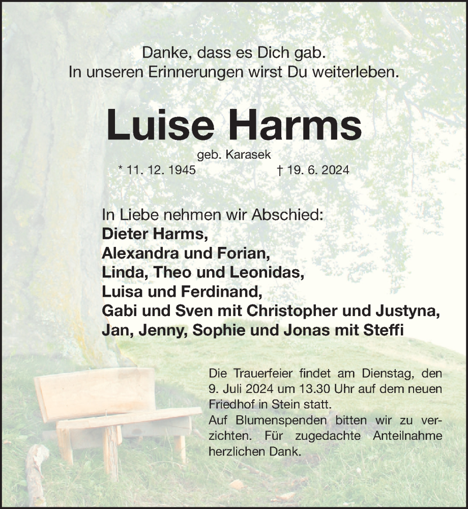  Traueranzeige für Luise Harms vom 06.07.2024 aus Gesamtausgabe Nürnberger Nachrichten/ Nürnberger Ztg.