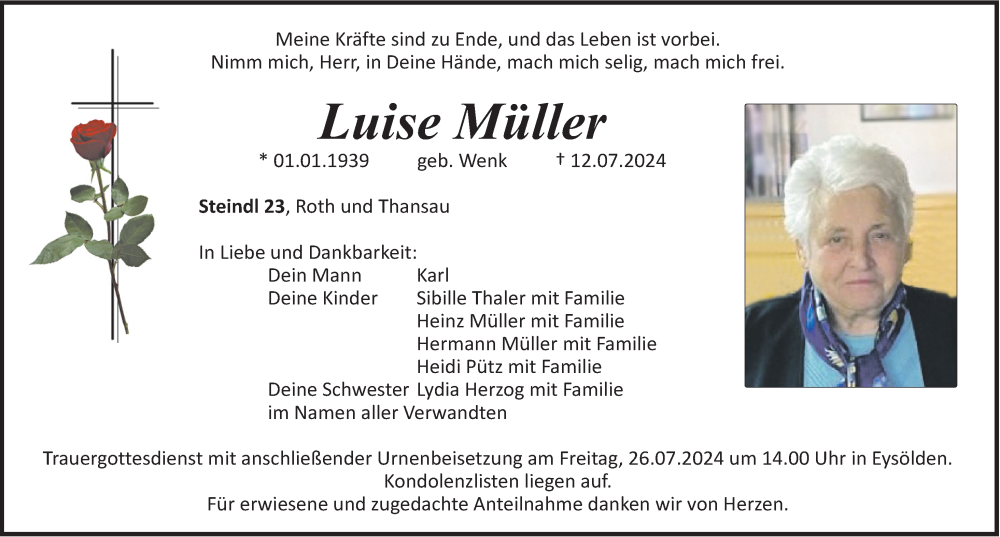 Traueranzeige für Luise Müller vom 24.07.2024 aus Roth-Hilpoltsteiner Volkszeitung Lokal