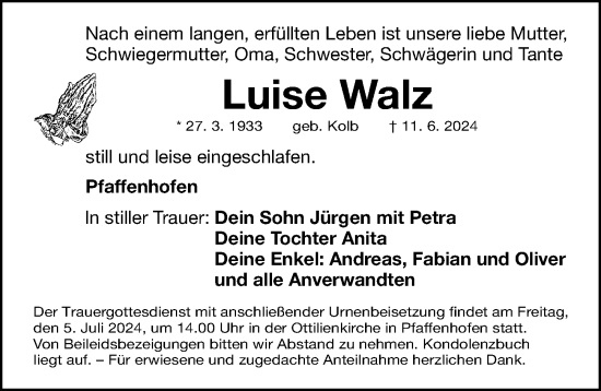 Traueranzeige von Luise Walz von Roth-Hilpoltsteiner Volkszeitung Lokal