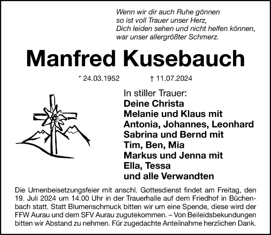 Traueranzeige von Manfred Kusebauch von Roth-Hilpoltsteiner Volkszeitung/ Schwabach