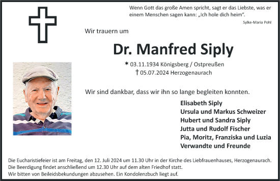 Traueranzeige von Manfred Siply von Nordbayerische Nachrichten Herzogenaurach Lokal