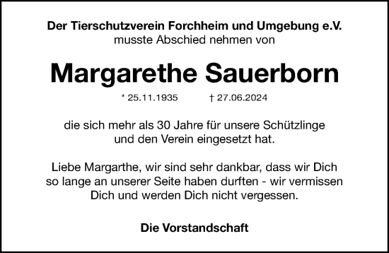 Traueranzeige von Margarethe Sauerborn von Nordbayerische Nachrichten Forchheim Lokal