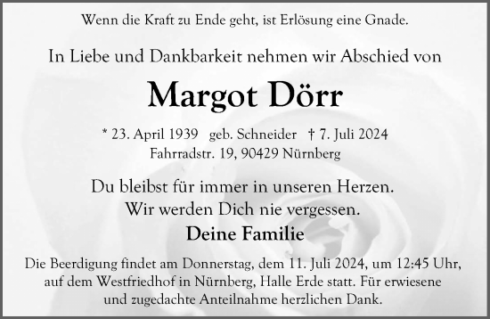 Traueranzeige von Margot Dörr von Gesamtausgabe Nürnberger Nachrichten/ Nürnberger Ztg.