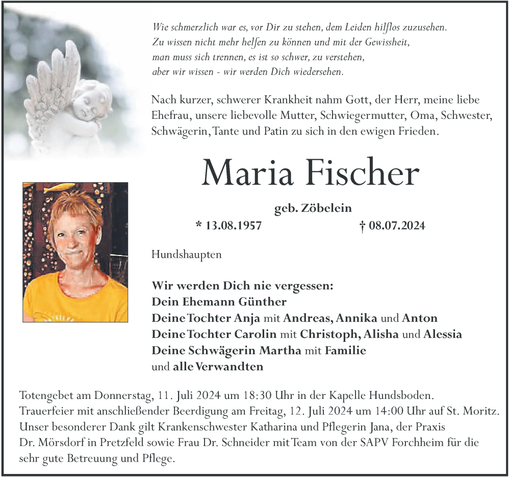  Traueranzeige für Maria Fischer vom 10.07.2024 aus Nordbayerische Nachrichten Forchheim Lokal