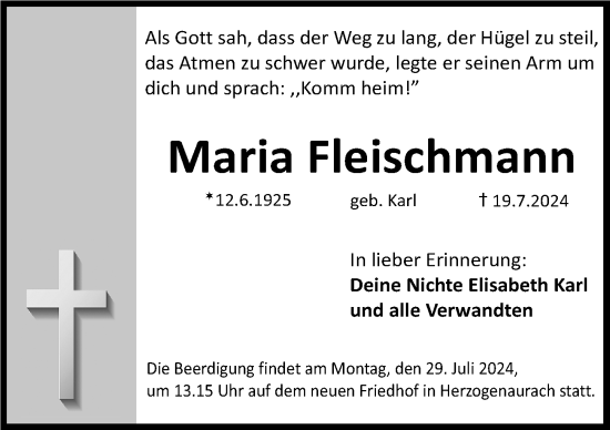 Traueranzeige von Maria Fleischmann von Nordbayerische Nachrichten Herzogenaurach Lokal