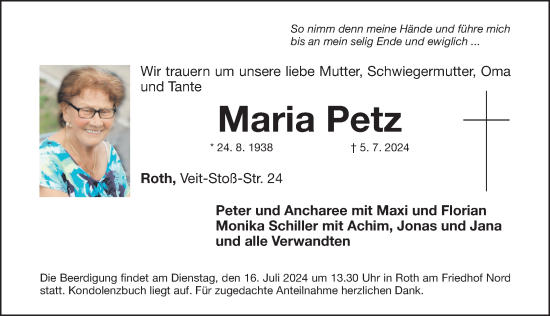 Traueranzeige von Maria Petz von Roth-Hilpoltsteiner Volkszeitung Lokal