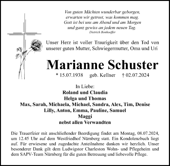 Traueranzeige von Marianne Schuster von Gesamtausgabe Nürnberger Nachrichten/ Nürnberger Ztg.