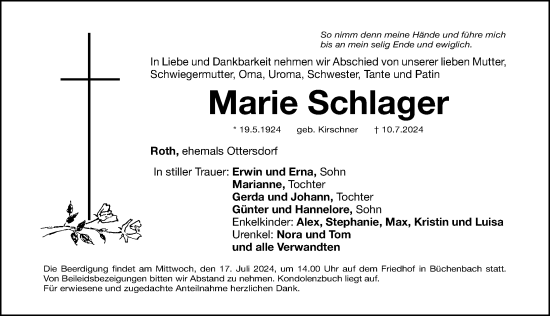 Traueranzeige von Marie Schlager von Roth-Hilpoltsteiner Volkszeitung/ Schwabach