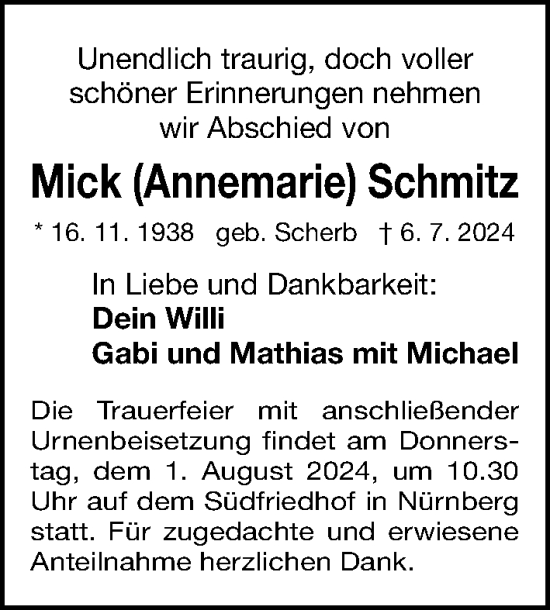 Traueranzeige von Mick Schmitz von Gesamtausgabe Nürnberger Nachrichten/ Nürnberger Ztg.