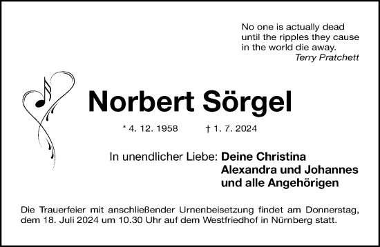 Traueranzeige von Norbert Sörgel von Gesamtausgabe Nürnberger Nachrichten/ Nürnberger Ztg.