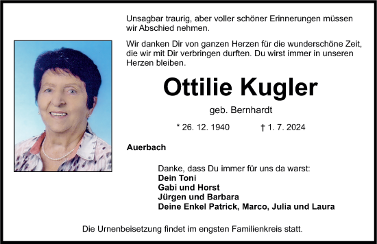 Traueranzeige von Ottilie Kugler von Nordbayerische Nachrichten Pegnitz Lokal