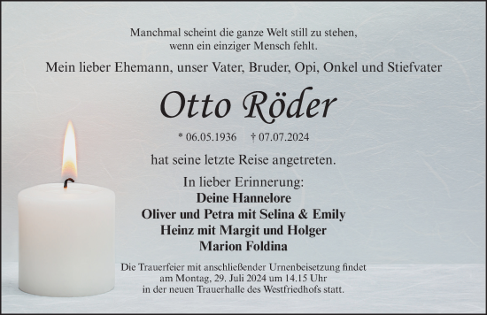 Traueranzeige von Otto Röder von Gesamtausgabe Nürnberger Nachrichten/ Nürnberger Ztg.