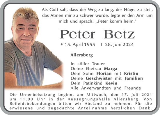 Traueranzeige von Peter Betz von Roth-Hilpoltsteiner Volkszeitung Lokal