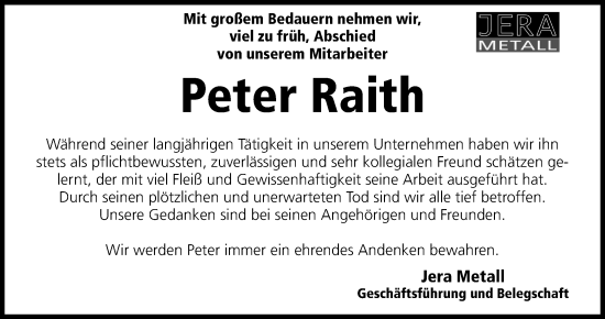 Traueranzeige von Peter Raith von Gesamtausgabe Nürnberger Nachrichten/ Nürnberger Ztg.