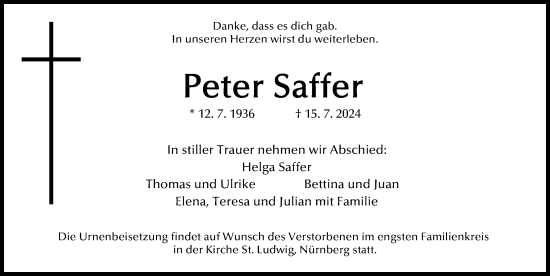 Traueranzeige von Peter Saffer von Gesamtausgabe Nürnberger Nachrichten/ Nürnberger Ztg.