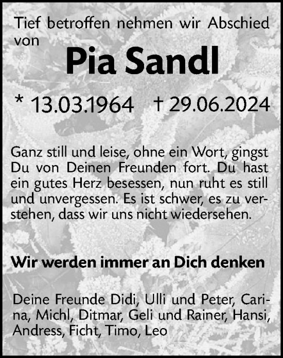 Traueranzeige von Pia Sandl von Gesamtausgabe Nürnberger Nachrichten/ Nürnberger Ztg.