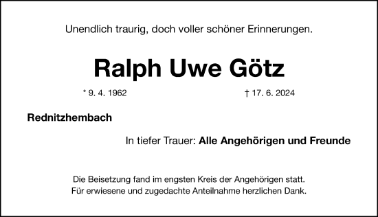 Traueranzeige von Ralph Uwe Götz von Gesamtausgabe Nürnberger Nachrichten/ Nürnberger Ztg.