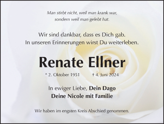 Traueranzeige von Renate Ellner von Gesamtausgabe Nürnberger Nachrichten/ Nürnberger Ztg.