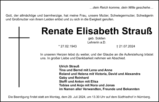 Traueranzeige von Renate Elisabeth Strauß von Gesamtausgabe Nürnberger Nachrichten/ Nürnberger Ztg.