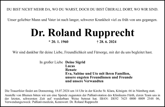 Traueranzeige von Roland Rupprecht von Gesamtausgabe Nürnberger Nachrichten/ Nürnberger Ztg.
