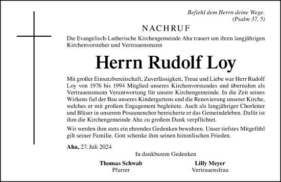 Traueranzeige von Rudolf Loy von Altmühl-Bote Lokal
