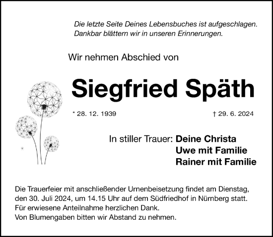 Traueranzeige von Siegfried Späth von Gesamtausgabe Nürnberger Nachrichten/ Nürnberger Ztg.