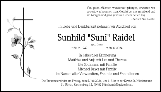 Traueranzeige von Sunhild Raidel von Gesamtausgabe Nürnberger Nachrichten/ Nürnberger Ztg.