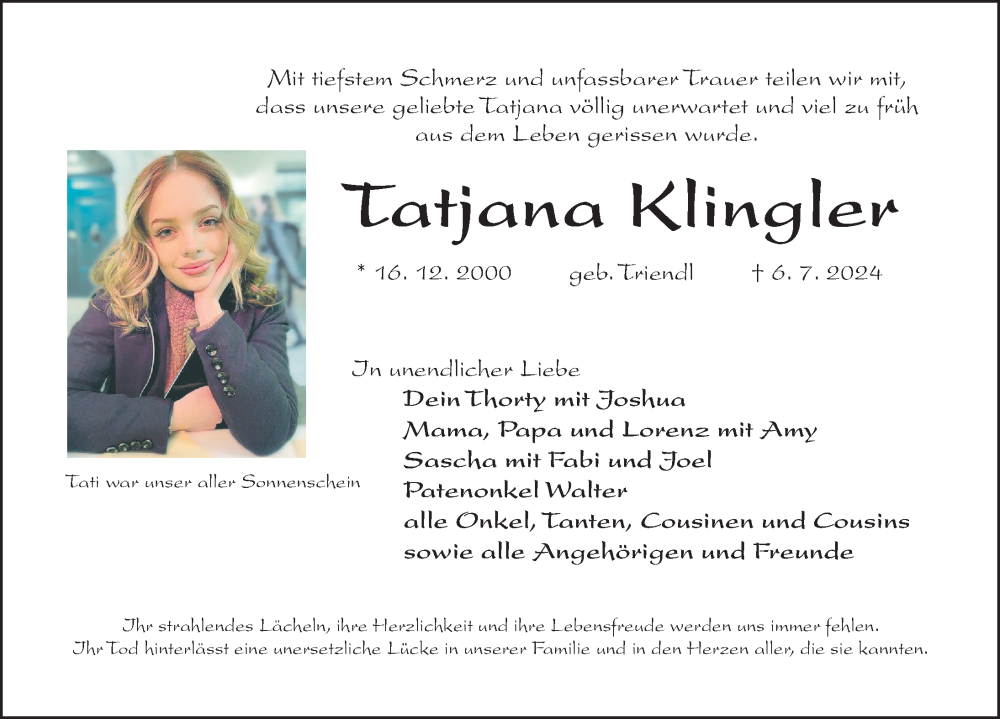  Traueranzeige für Tatjana Klingler vom 20.07.2024 aus Fürther Nachrichten Lokal