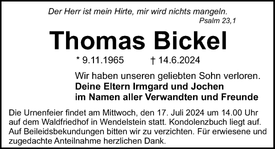 Traueranzeige von Thomas Bickel von Schwabacher Tagblatt Lokal