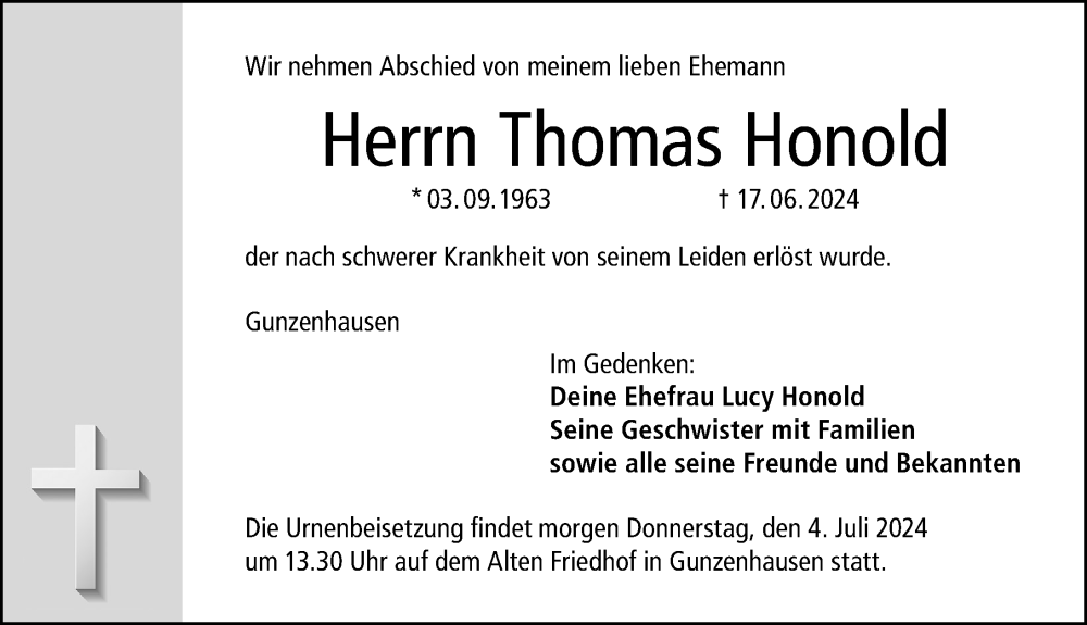  Traueranzeige für Thomas Honold vom 03.07.2024 aus Altmühl-Bote Lokal