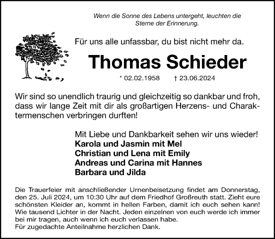 Traueranzeige von Thomas Schieder von Gesamtausgabe Nürnberger Nachrichten/ Nürnberger Ztg.