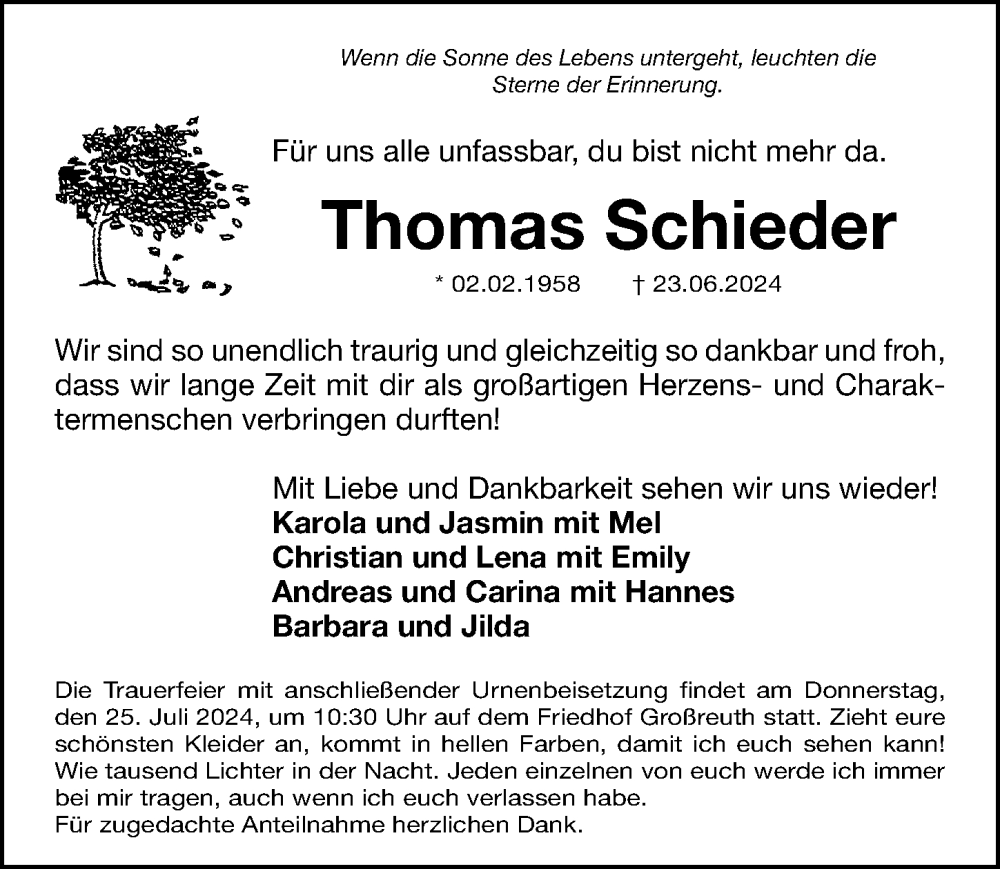  Traueranzeige für Thomas Schieder vom 13.07.2024 aus Gesamtausgabe Nürnberger Nachrichten/ Nürnberger Ztg.